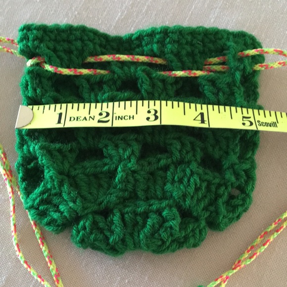 Hand Crafted Shamrock Bag Green Crochet with Yellow Drawstrings - Picture 5 of 9
